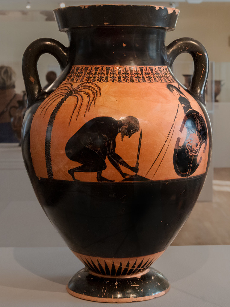 <p>Exekias: Athenian black-figure amphora - The Suicide of Ajax, Greek, c. 540 BCE</p>
