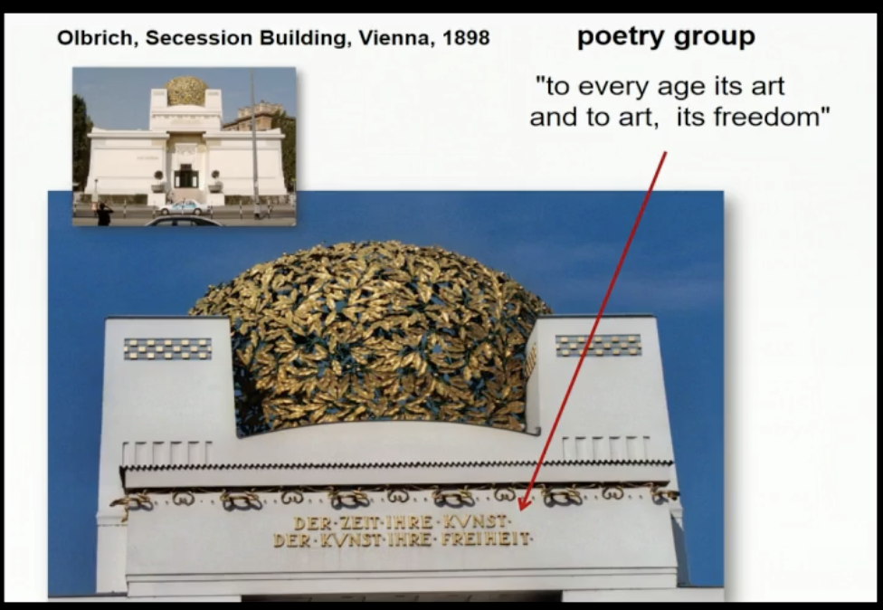 <p>o Integrate</p><p> <strong>Poetry group</strong>: use language that is poetic at entrance, words</p><p> <strong>Three masks</strong> represent the architectural sculptural and pictorial arts</p><p>(another entrance)</p><p><strong> Owls: </strong>the symbols of Pallas Athena, the goddess of wisdom, victory and</p><p>the Industrial Arts</p><p>o Metalwork to tile: 3-D to 1-D</p><p>o Color to black/white (same patterns)</p><p>o <strong>Music/Performance</strong> April-June 1902</p><p> Beethoven’s Symphony, Beethoven sculpture, Beethoven painting</p><p> Painted directly onto wall, 112 feet long, frieze: continuous</p><p>painting, mural</p><p> Gustav Klimt, Beethoven Frieze, 1902: Music into painting ‘floating’ images: musical sounds, white color: silence</p>