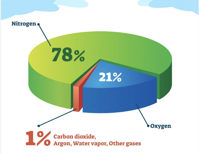 <p>78.8% Nitrogen </p><p>20.95% Oxygen </p><p>0.97% Other gases (include argon, carbon dioxide, neon, helium, methane, and krypton</p>