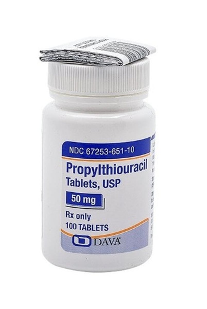 <p>propylthiouracil</p><p>thionamine</p><p>inhibits synthesis of thyroid hormones &amp; conversion of T4 to T3</p>