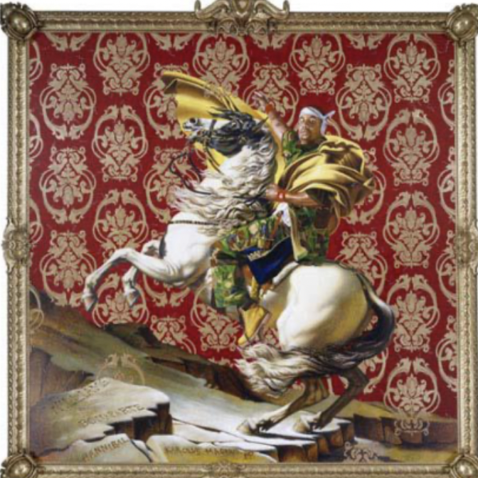 <p>oil on canvas (@ Brooklyn Museum)</p><p>wanted to take on art in which African Americans were excluded</p><p>completely alter the meaning by replacing Napoleon with a Black man</p><p>horse and foreground are the same</p><p>red based wallpaper instead of alps </p><p>reinterpretaion of the past</p>