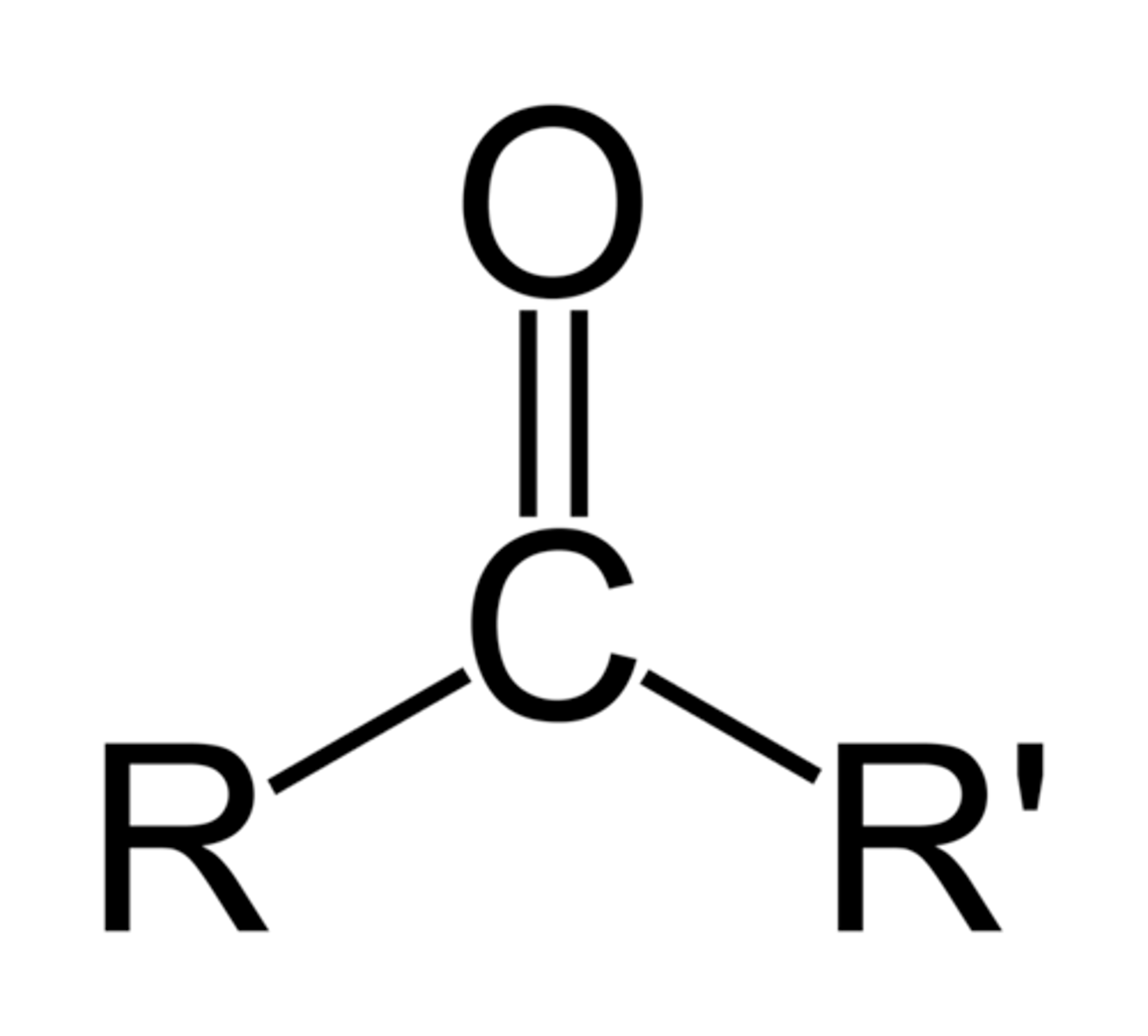 <p>Carbon with a double bond with oxygen, 2 single bonds with R</p>