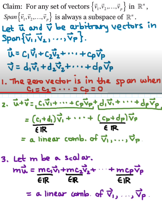 <p>Remember a vector is in the span if it can be made up of linear combinations of {v1,v2,…vp}<br><br>so the 0 vector is in the span because you can jus</p>