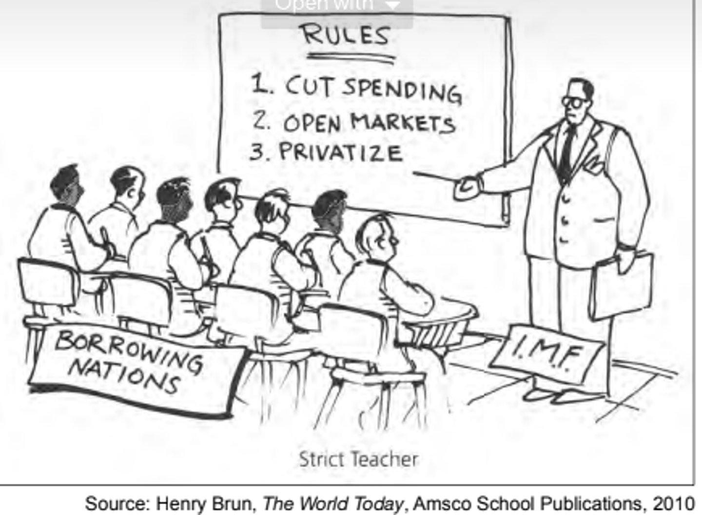 <p>Organization which gives loans to poor countries, it comes with stipulations with regards to the development of infrastructure.</p>