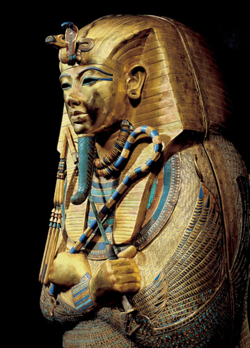 <p>Identifiers:</p><p>Artist: Unknown</p><p>Date: c. 1323 BCE</p><p>Period: New Kingdom, 18th Dynasty</p><p>Medium: Gold with inlay of enamel and semiprecious stones</p><p>Location: Valley of the Kings, Egypt</p><p>Context:</p><p>Tutankhamun (boy king, died ~age 18) restored traditional religion after Akhenaten's Amarna reforms.</p><p>Reflects Egyptian belief in afterlife and importance of preserving the body for eternity.</p><p>Function:</p><p>Served as sarcophagus to protect Tutankhamun's mummified body.</p>