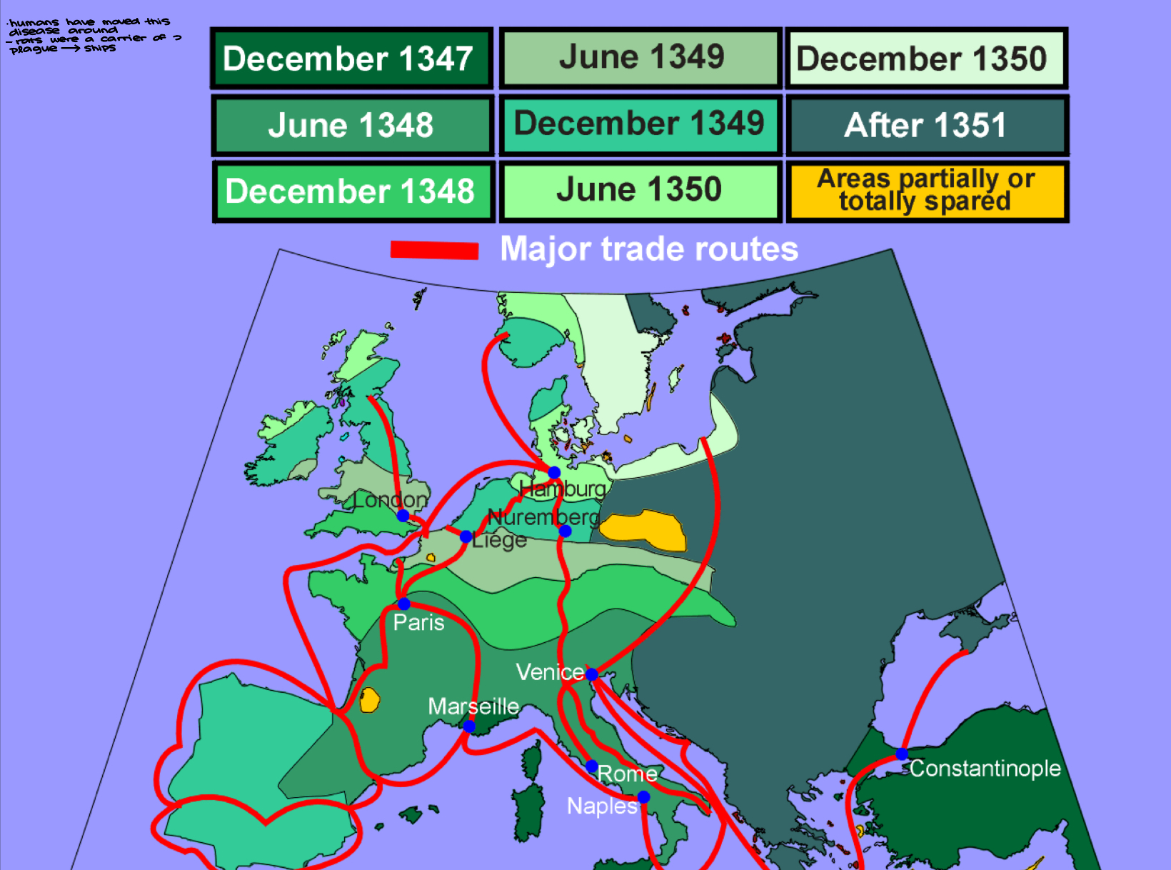 <ul><li><p>Humans have moved this disease around </p><ul><li><p>rats were a carrier of plague → ships </p></li></ul></li></ul><p></p>