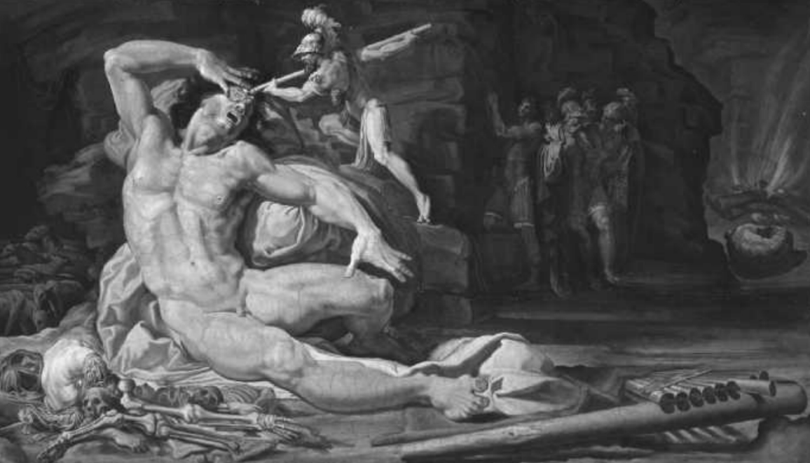 <p>Figure 3.4: Who is the helmeted figure thrusting a stake into the Cyclops’ eye?</p>