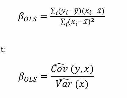 <ul><li><p>if we divide the numerator in the first equation by N, it becomes the covariance </p></li><li><p>if we divide the denominator in the first equation by N, it becomes the variance of x </p></li><li><p>therefore, beta measures the correlation between y and x </p><ul><li><p>this does NOT imply causality though </p></li></ul></li></ul><p></p>