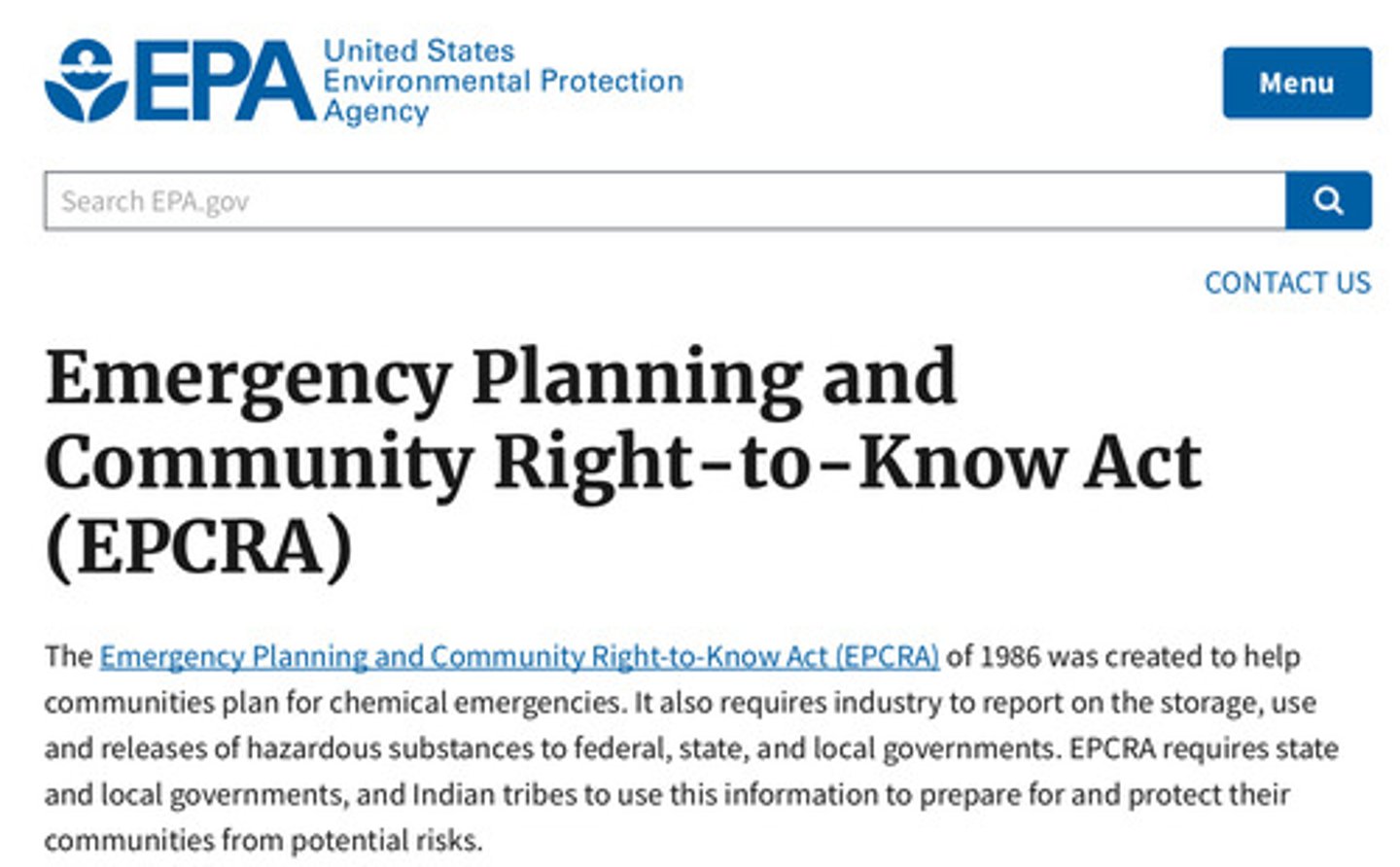 <p>created to help communities plan for chemical emergencies. It also requires industry to report on the storage, use and releases of hazardous substances to federal, state, and local governments.</p>