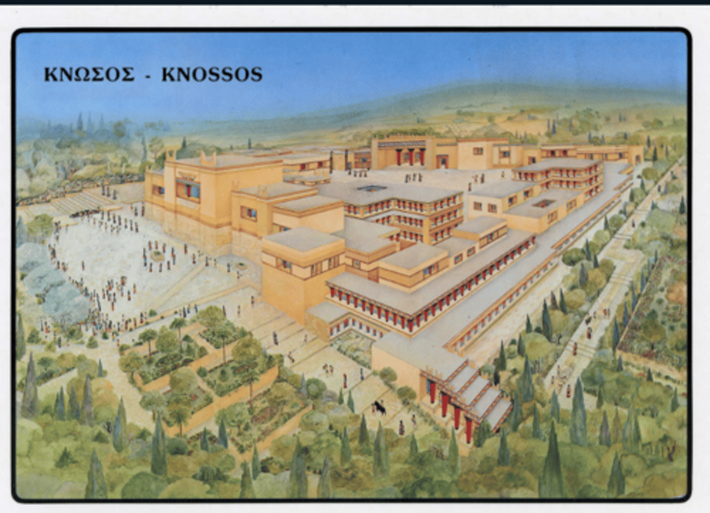 <p>-Largest , most important palace</p><p>-King Minos and the Minotaur</p><p>-Elaborate temple and royal quarters with frescoes</p><p>-Palace cult</p><p>-:Horns of consecration"</p><p>-Double axe</p><p>-Snake goddess</p><p>-SIgnet rings</p>