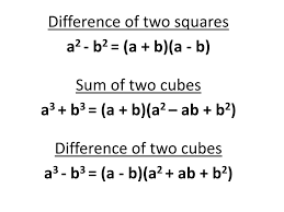 <ul><li><p>sum/difference of <strong>two perfect squares</strong></p></li><li><p>sum/difference of <strong>cubes</strong></p></li></ul>