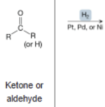 <p>What is the product of the reaction between a ketone or aldehyde, and H2 (1st step), and Pt, Pd, or Ni (2nd step)?</p>