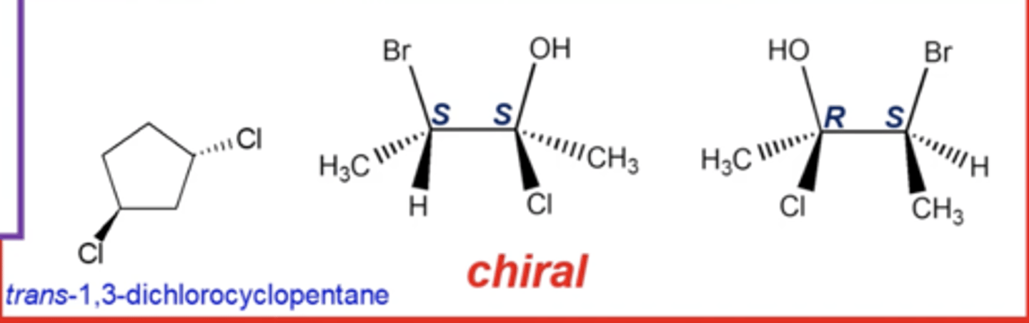 <p>trans isomers of ringed compounds and stereoisomers with multiple stereocenters that do NOT have exactly opposite R,S configurations</p>