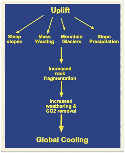 <p>Raymo and ruddiman 1992:</p><p class="MsoListParagraphCxSpMiddle">Uplift of the Himalaya/ Tibetan plateau caused increased rates of weathering</p><p class="MsoListParagraphCxSpMiddle">This decreased atmospheric co2 thus cools the planet</p><p class="MsoListParagraphCxSpMiddle">This should have caused a negative feedback response</p><p class="MsoListParagraphCxSpLast">Lower co2 and temp reduce silicate weathering until it again matches degassing</p>