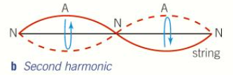 <ul><li><p>There is a node in the middle so the string is in two loops</p></li><li><p>The wavelength of the waves that form this pattern is <span>λ<sub>2</sub> = L because each loop as a length of half a wavelength and there are two loops which, together, are equivalent to L</span></p></li></ul><p></p>
