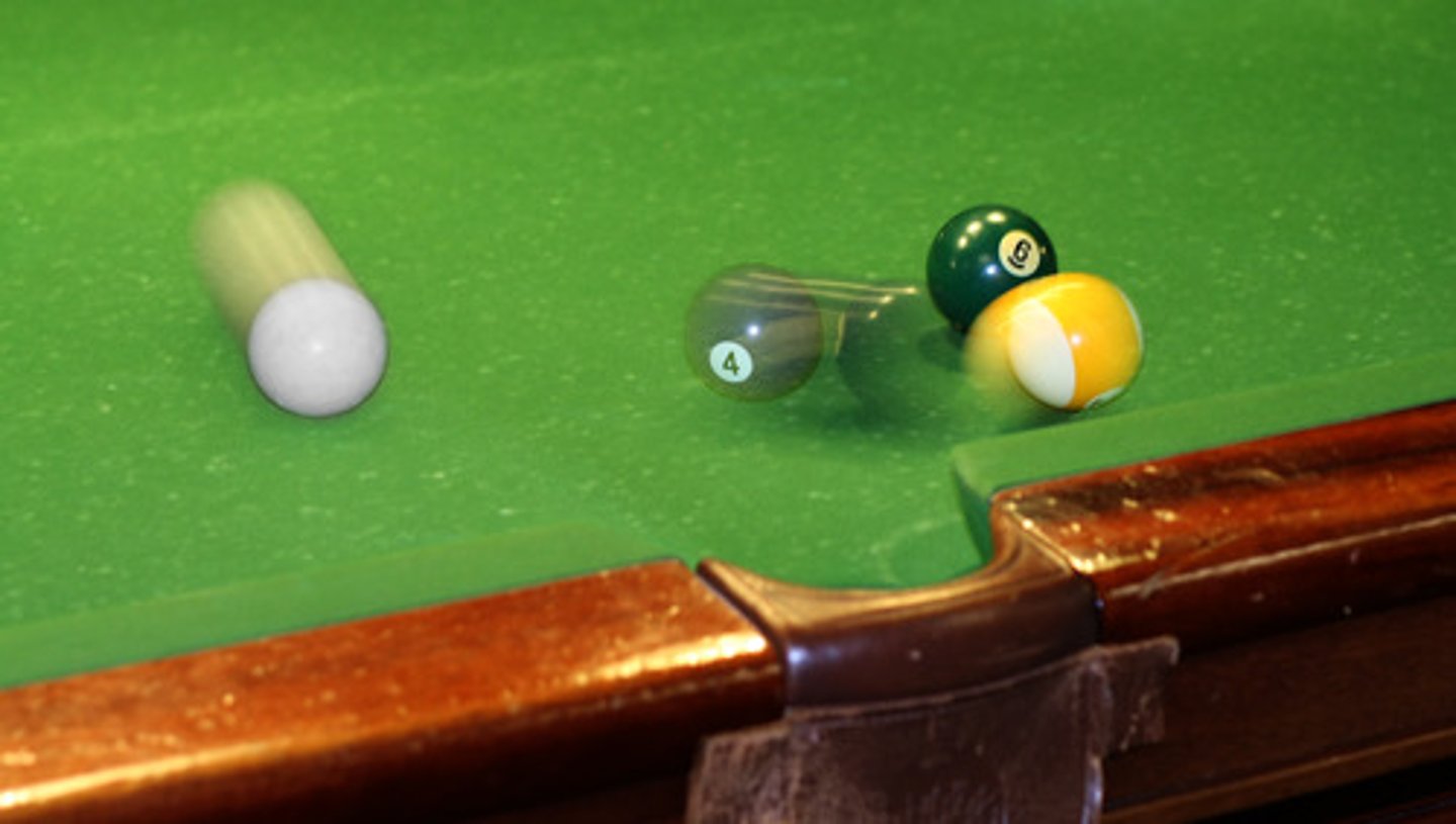 <p>Energy from one object transfers to another, changing the second object's speed and direction.</p>