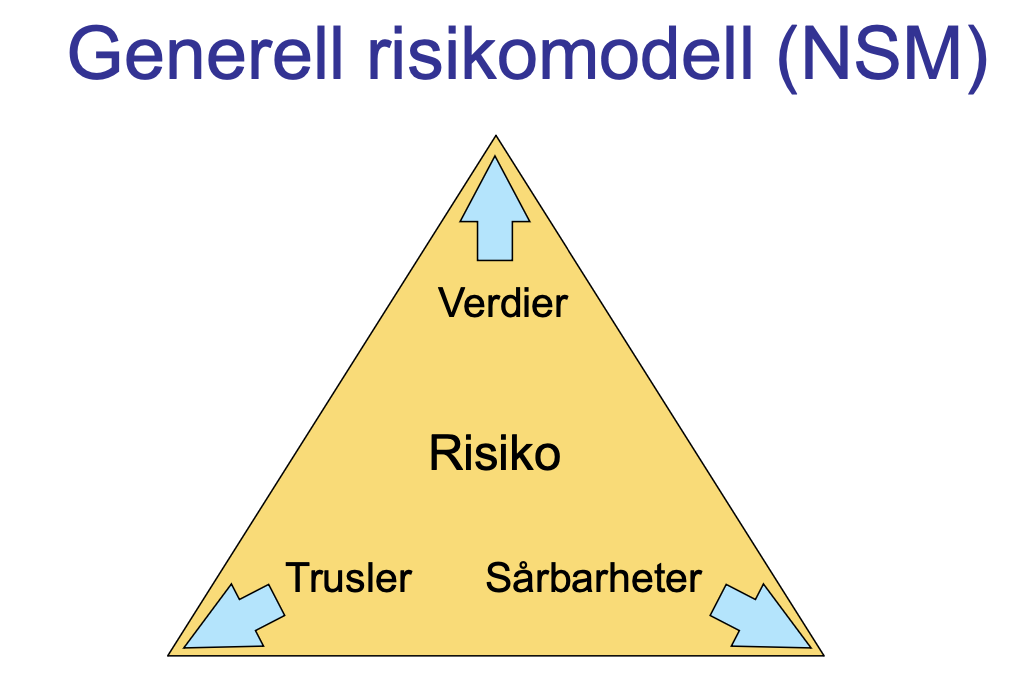 <p>Verdier, trusler og sårbarheter. Jo større verdier, desto større risiko.</p><p></p><ul><li><p>Verdier: Dette er de ressursene og eiendelene som organisasjonen ønsker å beskytte. Eksempler på verdier kan være:</p></li><li><p>Informasjonssystemer og data</p></li><li><p>Personopplysninger</p></li><li><p>Fysiske eiendeler</p></li><li><p>Omdømme</p></li></ul><p></p><ul><li><p>trusler: Dette er potensielle hendelser eller handlinger som kan skade verdiene. Eksempler på trusler:</p></li><li><p>Cyberangrep</p></li><li><p>Naturkatastrofer</p></li><li><p>Menneskelige feil</p></li></ul><p></p><ul><li><p>Sårbarheter: Dette er svakheter i systemene eller prosessene som kan utnyttes av trusler. Eksempler på sårbarheter:</p></li><li><p>Svake passord</p></li><li><p>Manglende sikkerhetsoppdateringer</p></li><li><p>Dårlig sikkerhetskultur</p></li></ul><p></p>