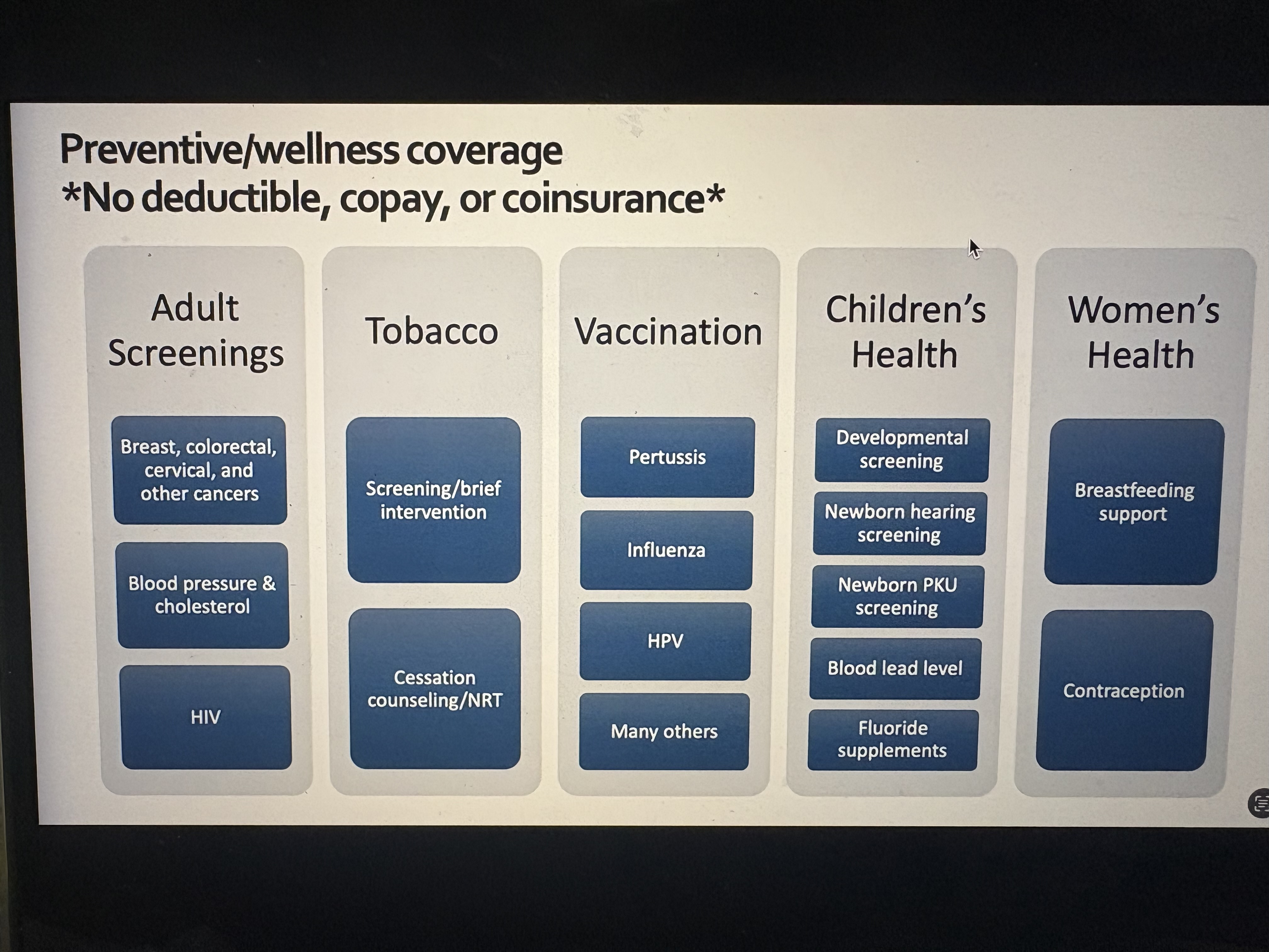 <ul><li><p>The ACA said that all plans have to cover Preventive and wellness services and they have to do so at zero cost to the patient</p></li></ul>