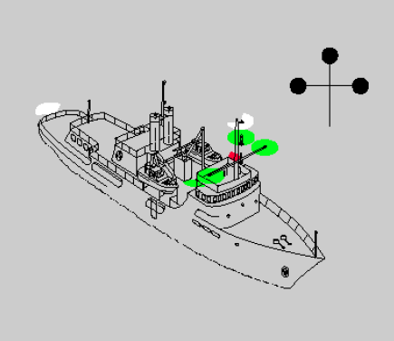 <p>Lights of power driven vessel </p><p>3 green lights in a triangle (One at each end of the fore yard (port and starboard sides)</p><p></p><p><strong>Required Day Shapes:</strong> </p><ul><li><p><strong>Three black balls</strong>, placed in the <strong>same locations</strong> as the green lights</p></li></ul><p></p><p>do not approach within 1000 meters of the vessel.</p><p></p>