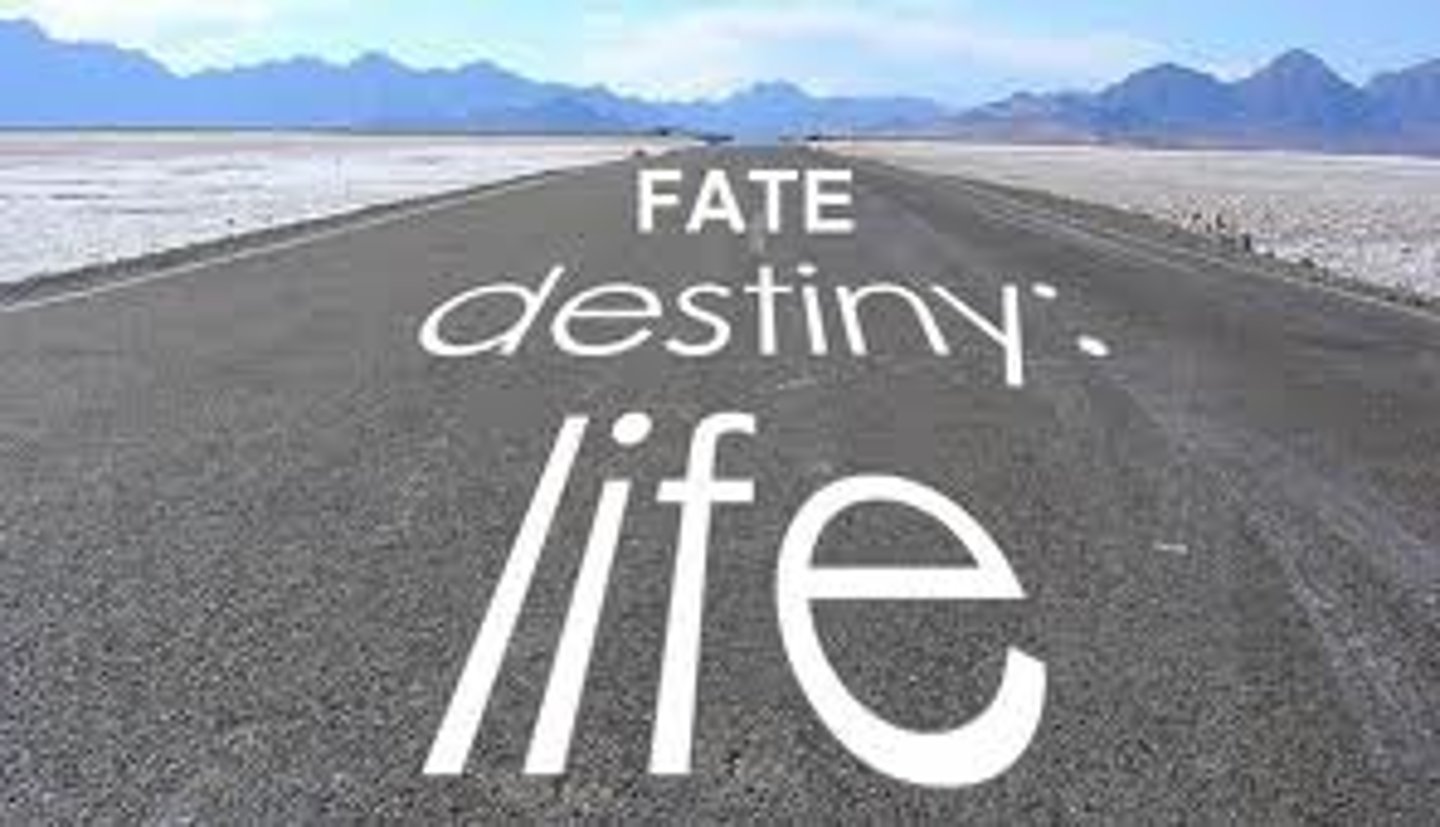 <p>(adj) determined in advance by destiny or fortune</p><p>(syn) destined, preordained, doomed (ant) accidental, fortuitous, chance, random</p>