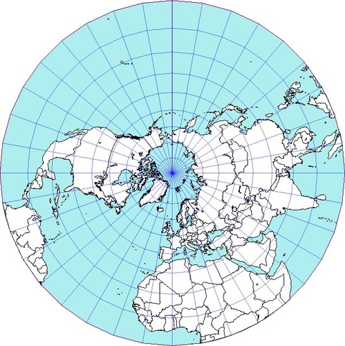 <p>a map which shows true compass directions; longitude lines are straight and latitude lines are circles; distorts shape and size more toward the outer edges.</p>