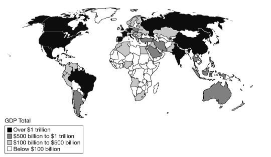 <p><span><span>The map shows gross domestic product (GDP) by country. Which of the following factors best explains a limitation of GDP by country in comparing the level of productivity among countries?</span></span></p>