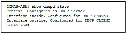 <p>68. Refer to the exhibit. According to the command output, which three statements are true about the DHCP options entered on the ASA? (Choose three.)</p><p>The dhcpd address [ start-of-pool ]-[ end-of-pool ] inside command was issued to enable the DHCP server.</p><p>The dhcpd address [ start-of-pool ]-[ end-of-pool ] inside command was issued to enable the DHCP client.</p><p>The dhcpd enable inside command was issued to enable the DHCP server.</p><p>The dhcpd auto-config outside command was issued to enable the DHCP client.</p><p>The dhcpd auto-config outside command was issued to enable the DHCP server.</p><p>The dhcpd enable inside command was issued to enable the DHCP client.</p>