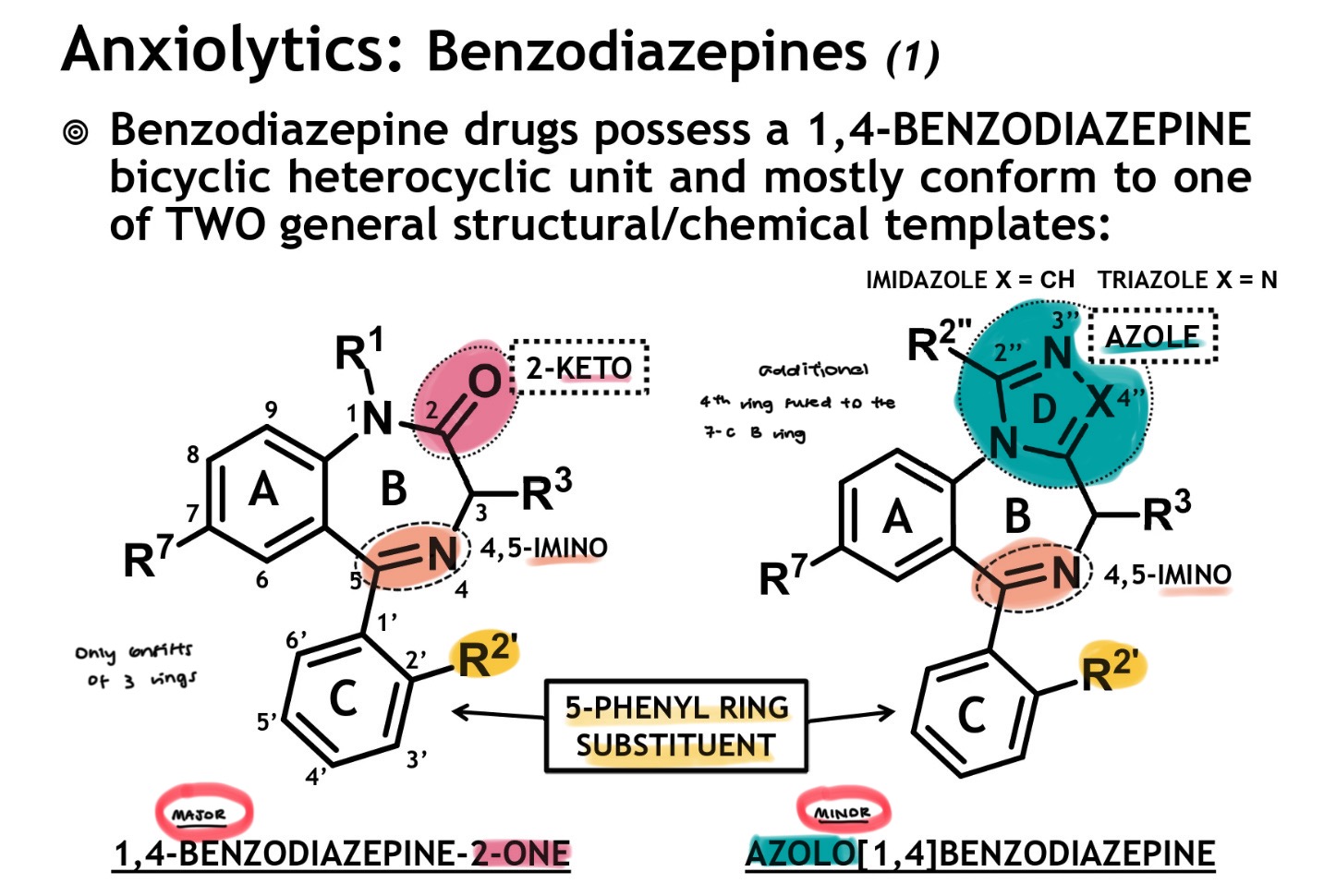 <ul><li><p>1,4-benzodiazepine-2-one</p><ul><li><p>has a 2-ketone on the B ring</p></li></ul></li><li><p>azolo[1,4]benzodiazepine</p><ul><li><p>has an additional azole ring D, fused to the B ring</p></li></ul></li></ul><p></p>