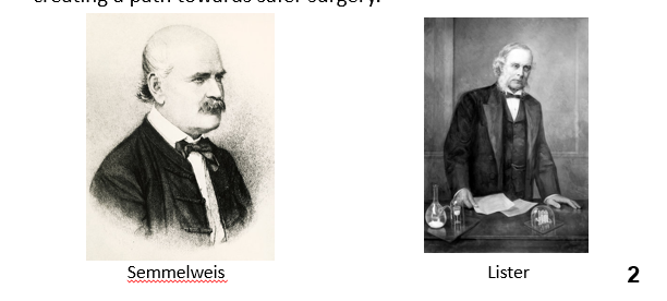 <p><strong><mark data-color="purple" style="background-color: purple; color: inherit">Ignaz Semmelweis </mark></strong></p><ul><li><p><strong>Established Handwashing practice</strong> used today</p></li></ul><p></p><p><strong><mark data-color="purple" style="background-color: purple; color: inherit">Joseph Lister </mark></strong></p><ul><li><p><strong>Established techniques of aseptic surgery</strong> that were widely adopted around the world, creating a path towards safe surgery</p></li></ul><p></p>