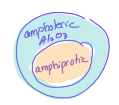 <ul><li><p><span>can act as either an acid or a base (Al<sub>2</sub>O<sub>3</sub>) → will be the opposite of whatever it is reacting with</span></p></li></ul><p style="text-align: center"><span>base: Al<sub>2</sub>O<sub>3 (s)</sub> + 6HCl<sub>(aq)</sub> → 2AlCl<sub>3 (aq)</sub> + 3H<sub>2</sub>O<sub>(l)</sub></span></p><p style="text-align: center"><span>acid: Al<sub>2</sub>O<sub>3 (s)</sub> + 2NaOH<sub>(aq)</sub> → 2AlCl<sub>3 (aq)</sub> + 2Na(Al(OH)<sub>4</sub>)<sub>(aq)</sub></span></p><p><br></p>