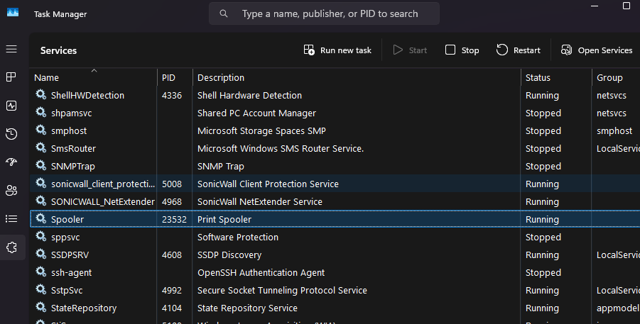 <p>Open task manager (Ctrl + Shift + Esc), then under services tab, right click the Spooler service and select Start, Stop, or Restart service</p>