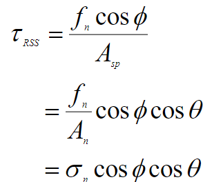 <p>TRSS - resolved shear stress</p><p>fn - force in the vertical direction</p><p>phi - angle between the vertical and the slip direction</p><p>Asp - area of an angled slip plane</p><p>theta - angle between vertical and normal vector to slip plane</p><p>sigman - normal stress</p>