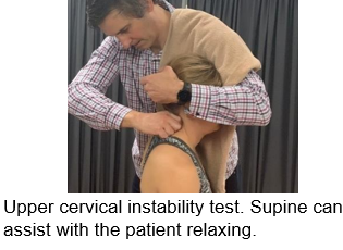 <ul><li><p>fixes C2 with pincer grip </p></li><li><p>lateral flexion is applied → side-flexion stress test</p></li><li><p>rotation is applied → rotational stress test</p></li></ul><p></p>