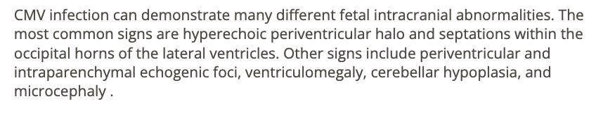 <p>d) hyperechoic periventricular halo + septations within occipital horns</p>