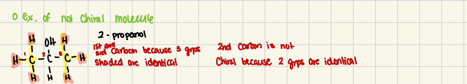 <ul><li><p>1st and 3rd carbon their 3 grps are identical to each other</p></li><li><p>2nd carbon is not chiral because 2 bonded grps are identical</p></li></ul><p></p>