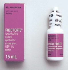 <ul><li><p>1.0% prednisolone acetate suspension</p></li><li><p>Considered the gold standard due to highest efficacy</p><ul><li><p>Due to great absorption, high receptor affinity, ketone based steroid</p></li></ul></li><li><p>FDA indications to treat ocular inflammation</p></li><li><p>Has highest risk for IOP spike d/t super efficacious nature</p></li></ul><p></p>
