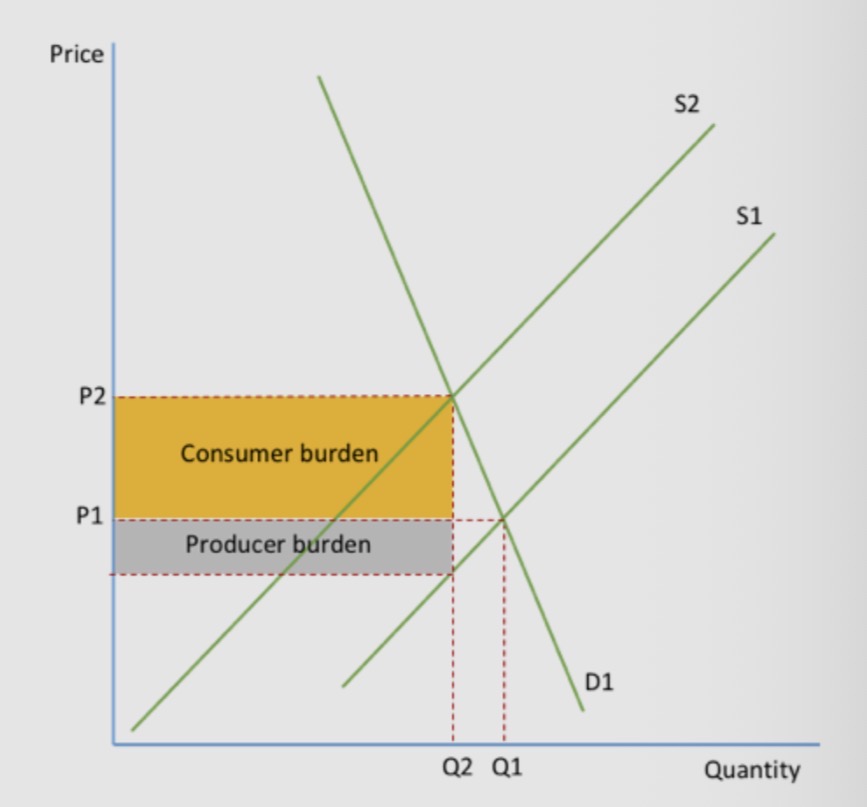 <ul><li><p>Supply shifts from S1 to S2. </p></li><li><p>Price increases significantly while quantity falls slightly. </p></li><li><p>Consumers bear most of the tax burden.</p></li></ul><p></p>