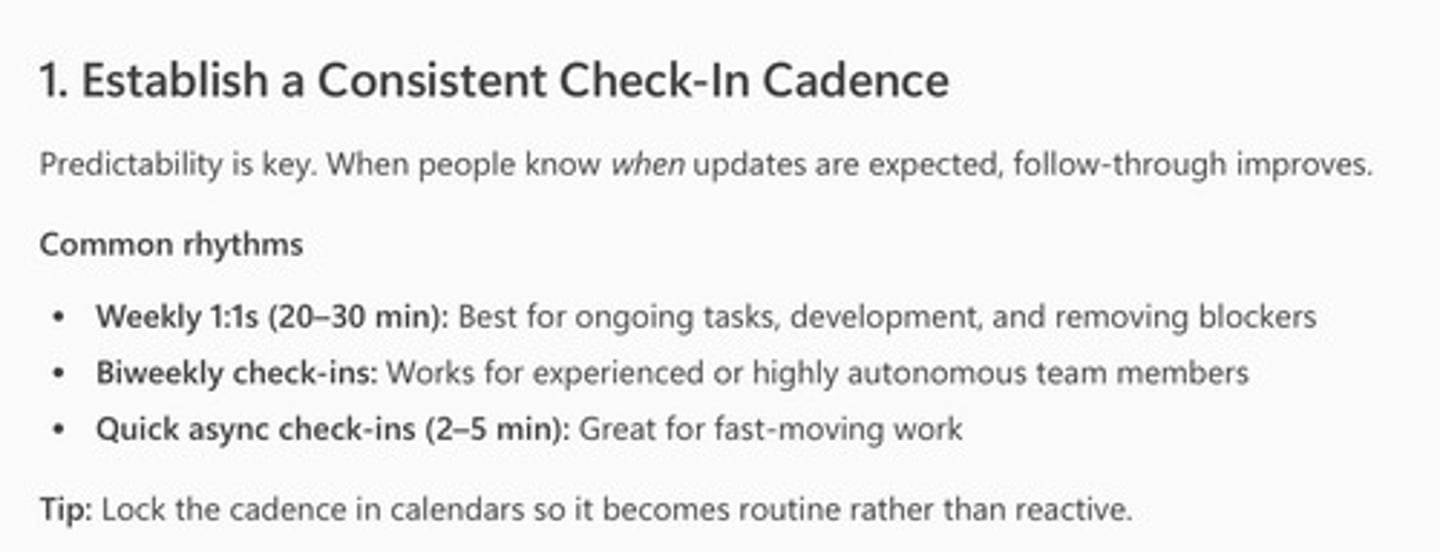 <p>Setting a recurring calendar reminder and using a team communication platform like Teams Chat.</p>
