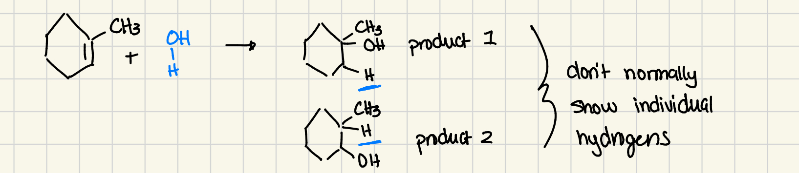 <p>can react with water to form alcohol</p><ul><li><p>double bond becomes single bond, H and OH become attached to the ring</p></li></ul><p></p>
