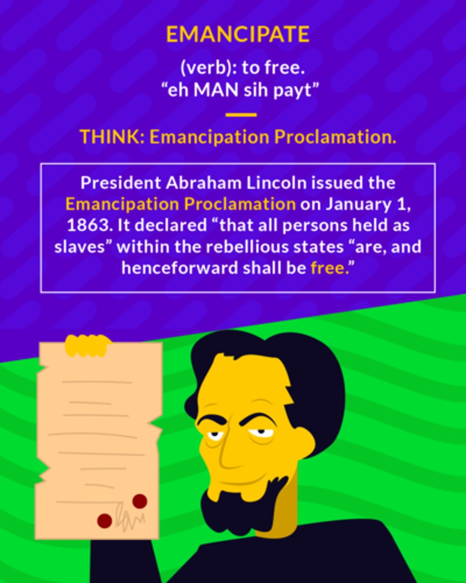<p>(v.) to free from slavery; to release or liberate</p>