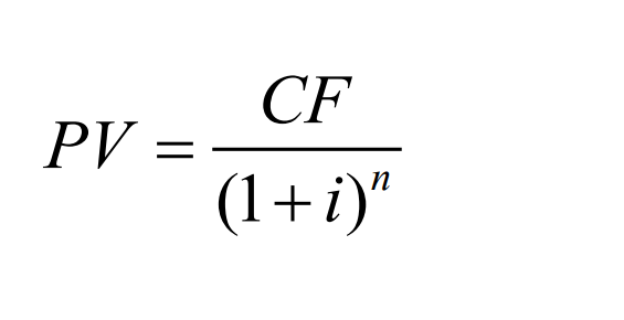 <p>i = appropriate discount rate PV = today’s present value CF = future cash flow or payment n years from now , then </p>