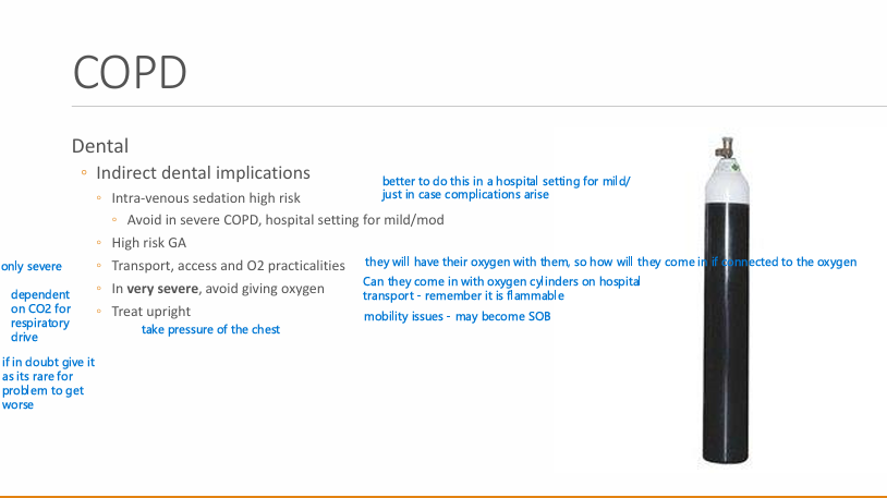 <ul><li><p><strong>IV sedation</strong> high risk (avoid in severe COPD, hospital setting for mild/mod)</p></li><li><p>High risk GA </p></li><li><p>Transport, access and O2 practicalities</p></li><li><p>In very severe cases avoid giving oxygen </p></li><li><p>treat upright position</p></li></ul><p></p>
