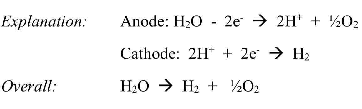 <p>Small amount of H2SO4 is added to allow the water to conduct electricity.</p><p>Observation: one volume of oxygen gas is produced at anode, two volumes of hydrogen gas are produced at cathode</p>