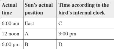 <p>Refer to the table. </p><p>Suppose a bird is entrained on a light/dark cycle that is shifted ahead of the normal cycle by 3 hours. Which set of data correctly fills in the blanks in the table?</p><ol><li><p>A=North; B=West; C=9:00 PM; D=9:00 AM</p></li><li><p>A=South; B=West; C=9:00 AM; D=9:00 PM</p></li><li><p>A=South; B=North; C=9:00 AM; D=12:00 AM</p></li><li><p>A=West; B=North; C=9:00 AM; D=12:00 PM</p></li></ol>