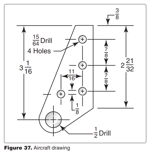 <p>8135. (Refer to Figure 37.) The vertical distance between the top of the plate and the bottom of the lowest 15/64- inch hole is </p><p>A—2.250. </p><p>B—2.242. </p><p>C—2.367</p>