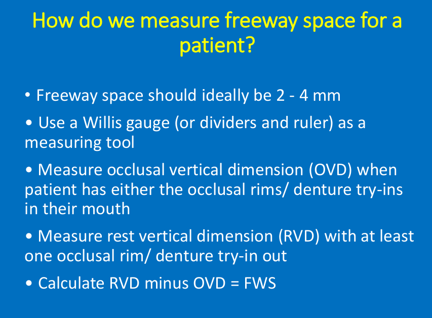 <ul><li><p>Measure the OVD when patient has either the occlusal rims/denture try-ins in their mouth</p></li><li><p>Measure rest vertical dimension RVD with at least one occlusal rim/denture try-in out (complete dentures take one out/)</p></li></ul><p>RVD-OVD = FWS</p><p>based on the average FWS then the OVD you are aiming for you get to know using the RVD (as RVD can be measured in anyone)</p><ul><li><p>Not always reliable as Willis gauge can eb difficult/measuring between 2 points/ can be difficult to put patient in relaxed position</p></li></ul><p>do it in edentulous cases</p><p>and if you cant determine OVD&nbsp;</p>