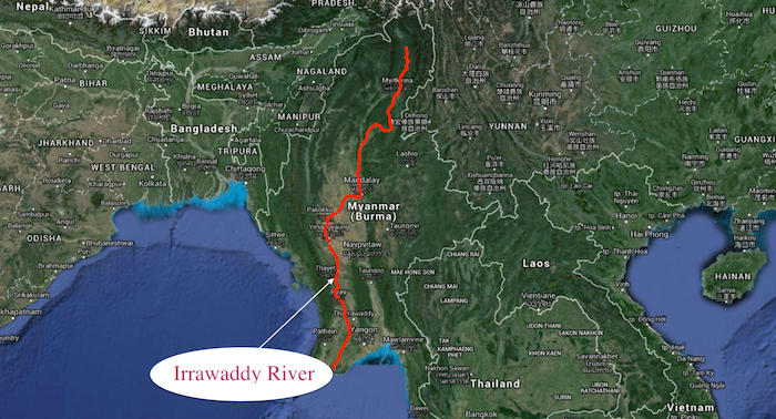 <p>principal river of Myanmar, running through the centre of the country</p>