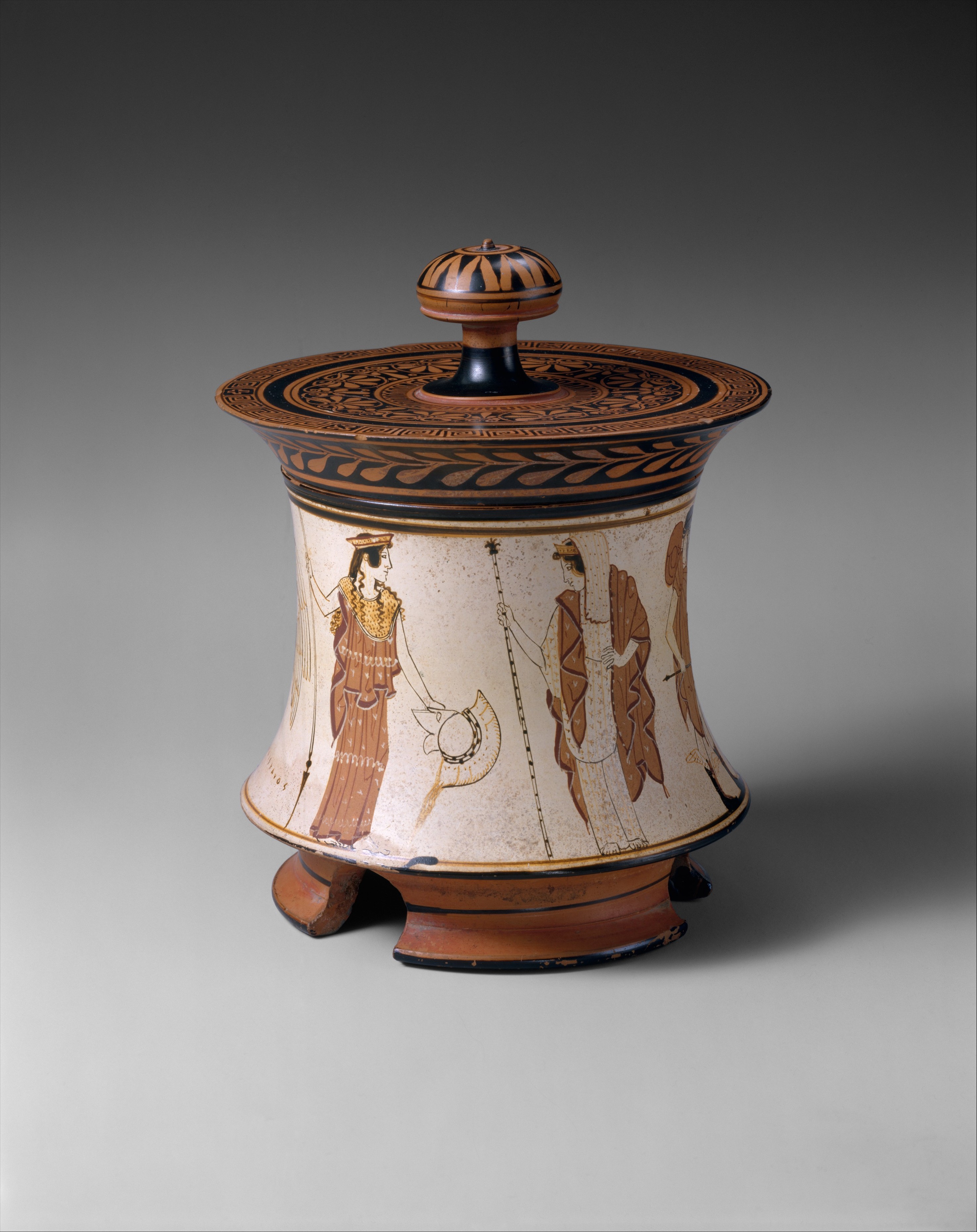 <p>Penthesilea Painter: Attic white-ground pyxis - Judgement of Paris, Greek, c. 465-460 BCE</p>