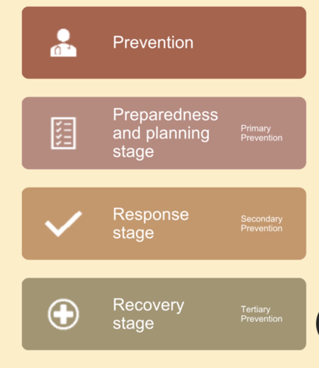 <p>1. prevention</p><p>2. preparedness</p><p>3. response</p><p>4. recovery</p>