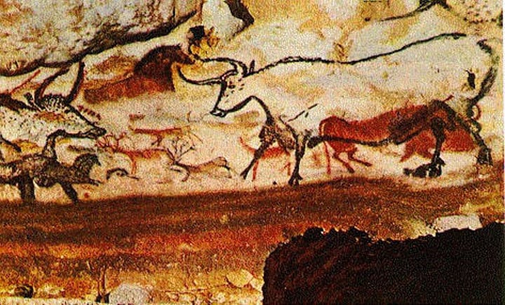 <p>Hall of the Bulls</p><p>Lauscaux Caves, France</p><p>15000BCE, Paleolithic</p><p>Painting on Limestone</p><p>Discovered in the 1940's</p><p>Created over thousands of years as seen by overlapping paintings</p>